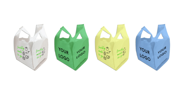 Four different colored boxes with a logo on them.