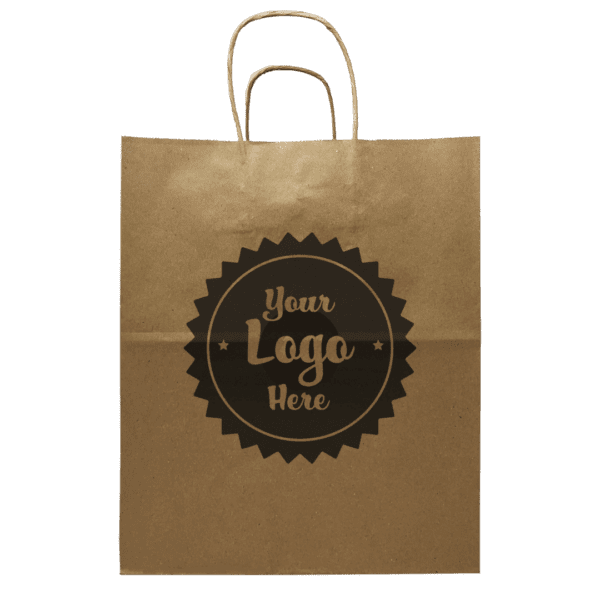 A brown paper bag with a logo on it.