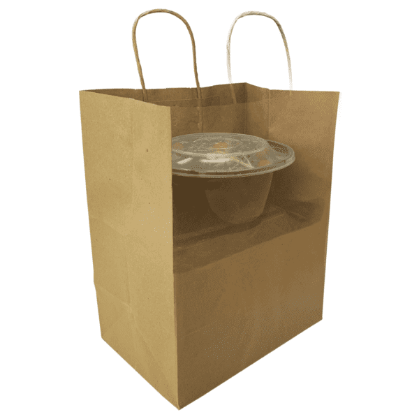 A brown bag with a bowl inside of it