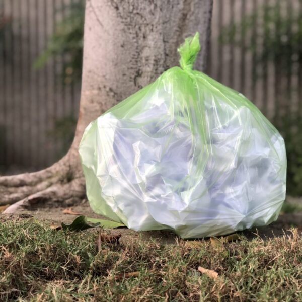 A bag of garbage sitting on the ground next to a tree.