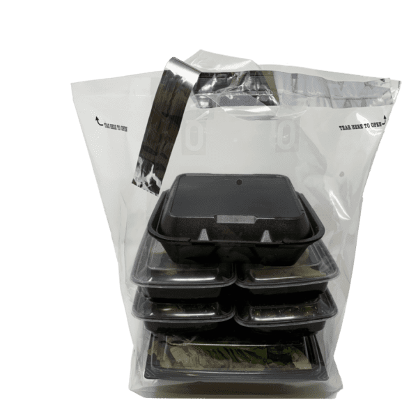 A stack of food containers in a plastic container.