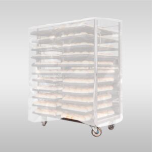 A clear plastic cart with many trays stacked on top of each other.