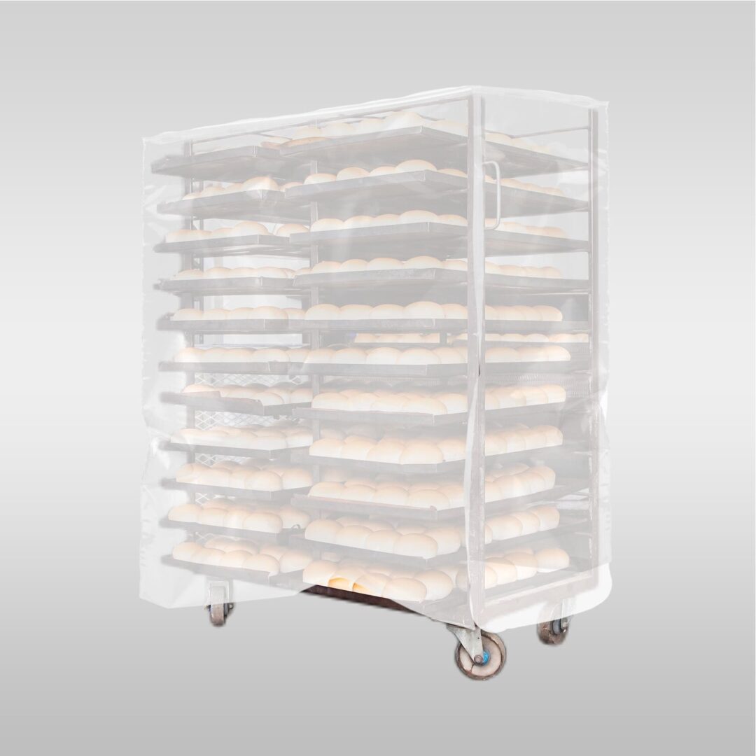 A clear plastic cart with many trays stacked on top of each other.