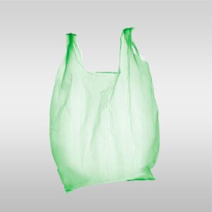 A green plastic bag is shown on the ground.