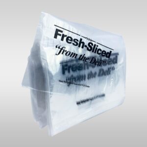 A plastic bag with the words " fresh-sliced from the oven " written on it.