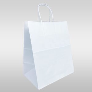 A white paper bag with handles on top of it.