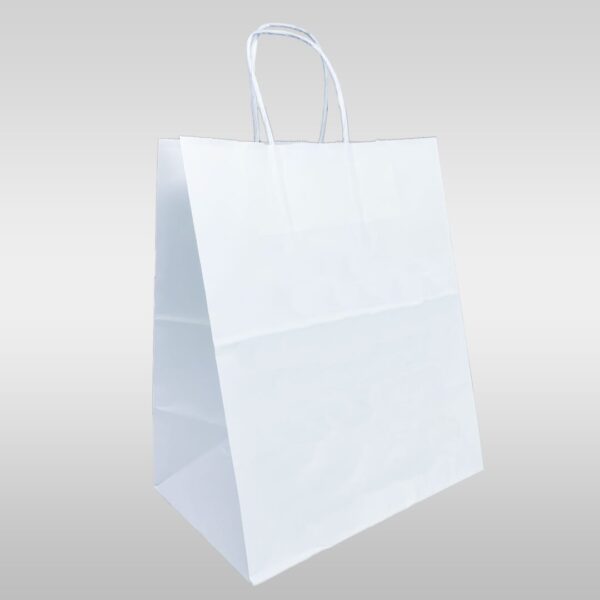 A white paper bag with handles on top of it.