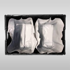 A black box with two white bags inside of it.